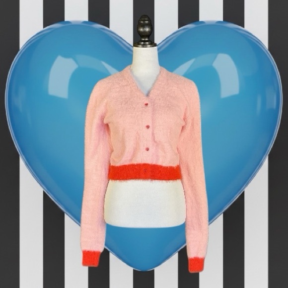 Dolls Kill Sweaters - dELiA*s by Dolls Kill Pink & Red Fuzzy Heart Button Cropped Cardigan XXL